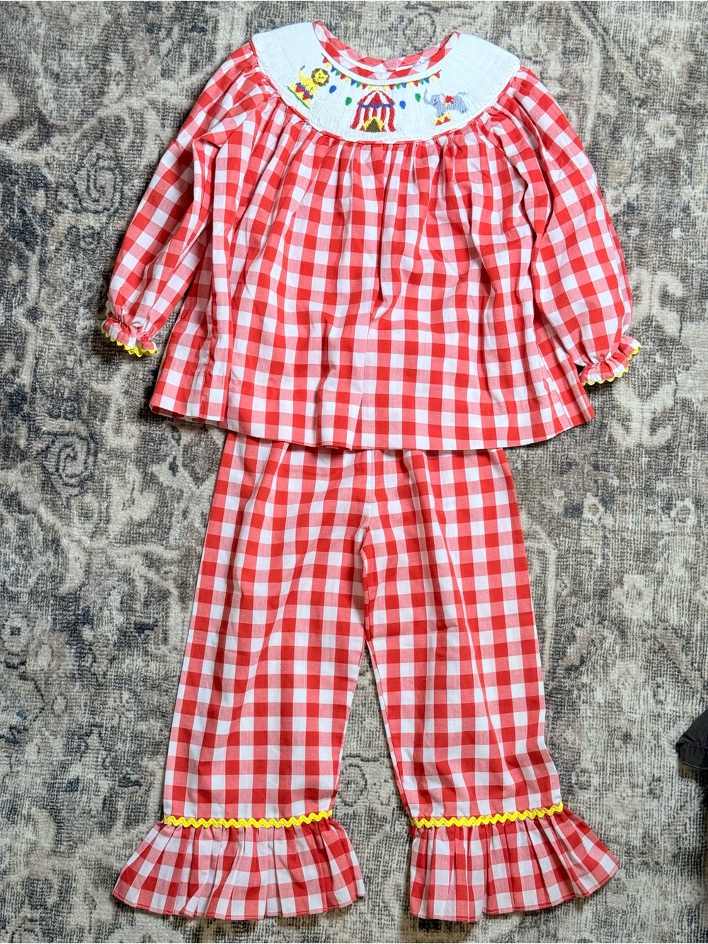 Red Gingham 3t Girls Set with Smocked Circus